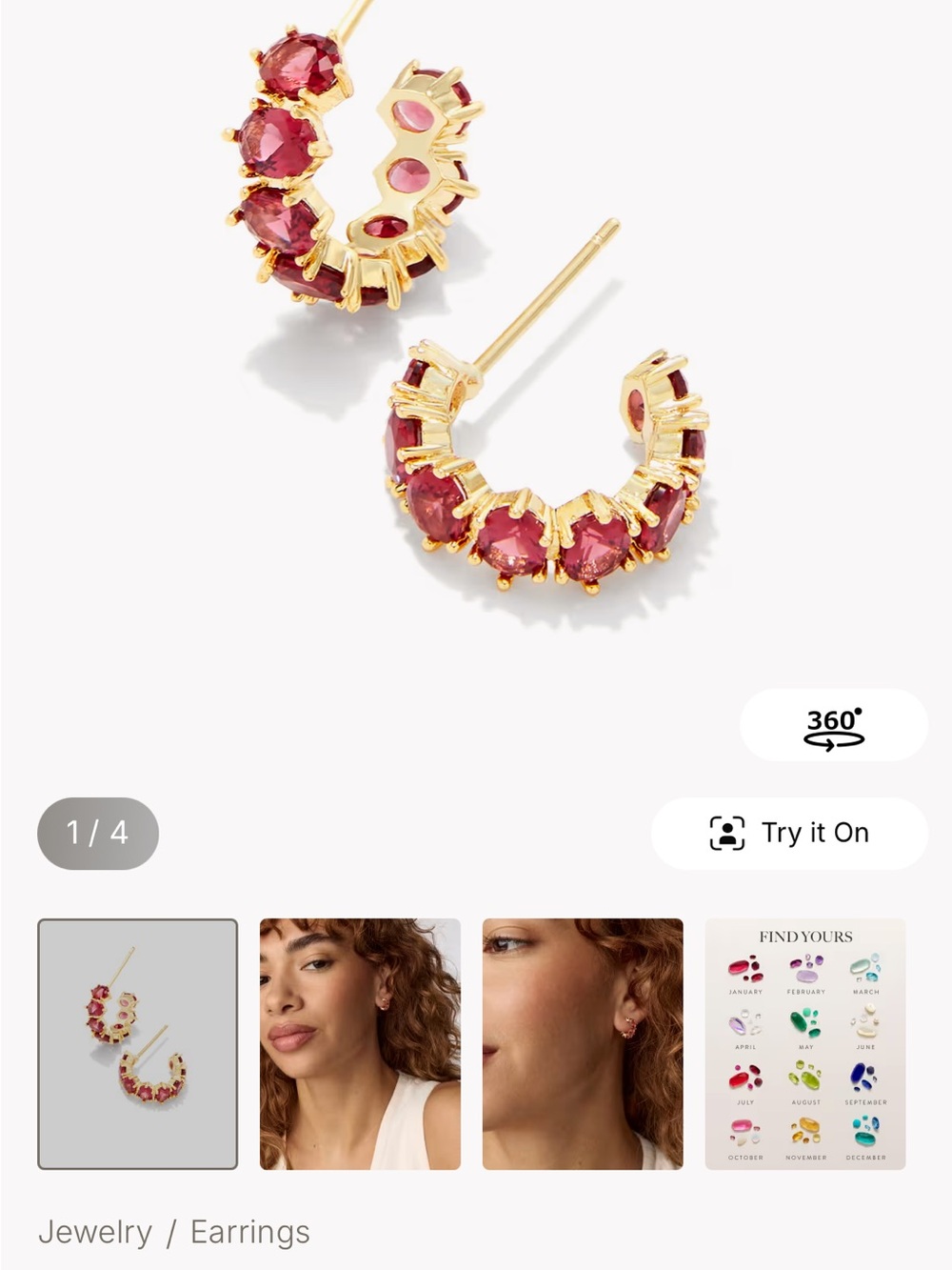 Kendra Scott Gold Hoop Earrings with Raspberry Stones - Picture 2 of 2